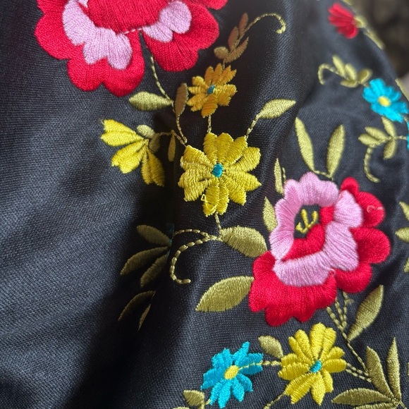 Floral Sarong Embroidered Black Triangle Maxi Shawl Coverup with Fringe Hem - Picture 11 of 12